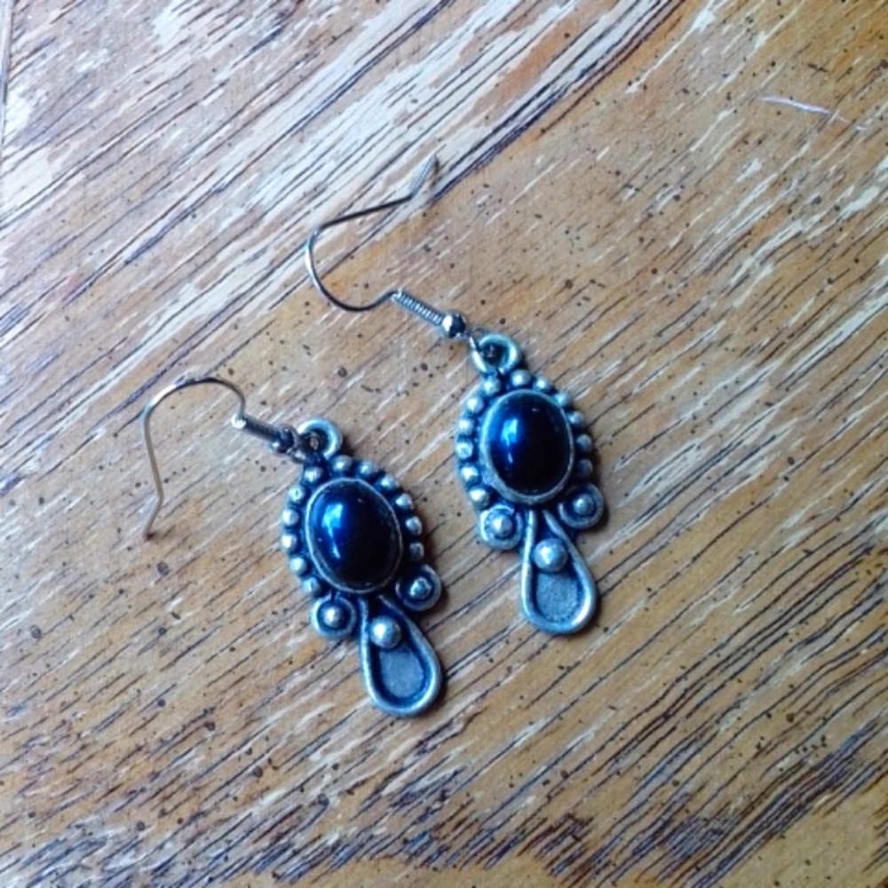 🍀Pair of Black Obsidian in Filigree Dangle Earrings - Picture 1 of 4